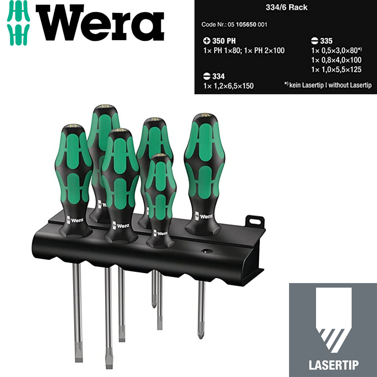 Wera(ヴェラ) クラフトフォーム レーザーチップドライバーセット6本組 334/6 ラック付き Kraftform 105650