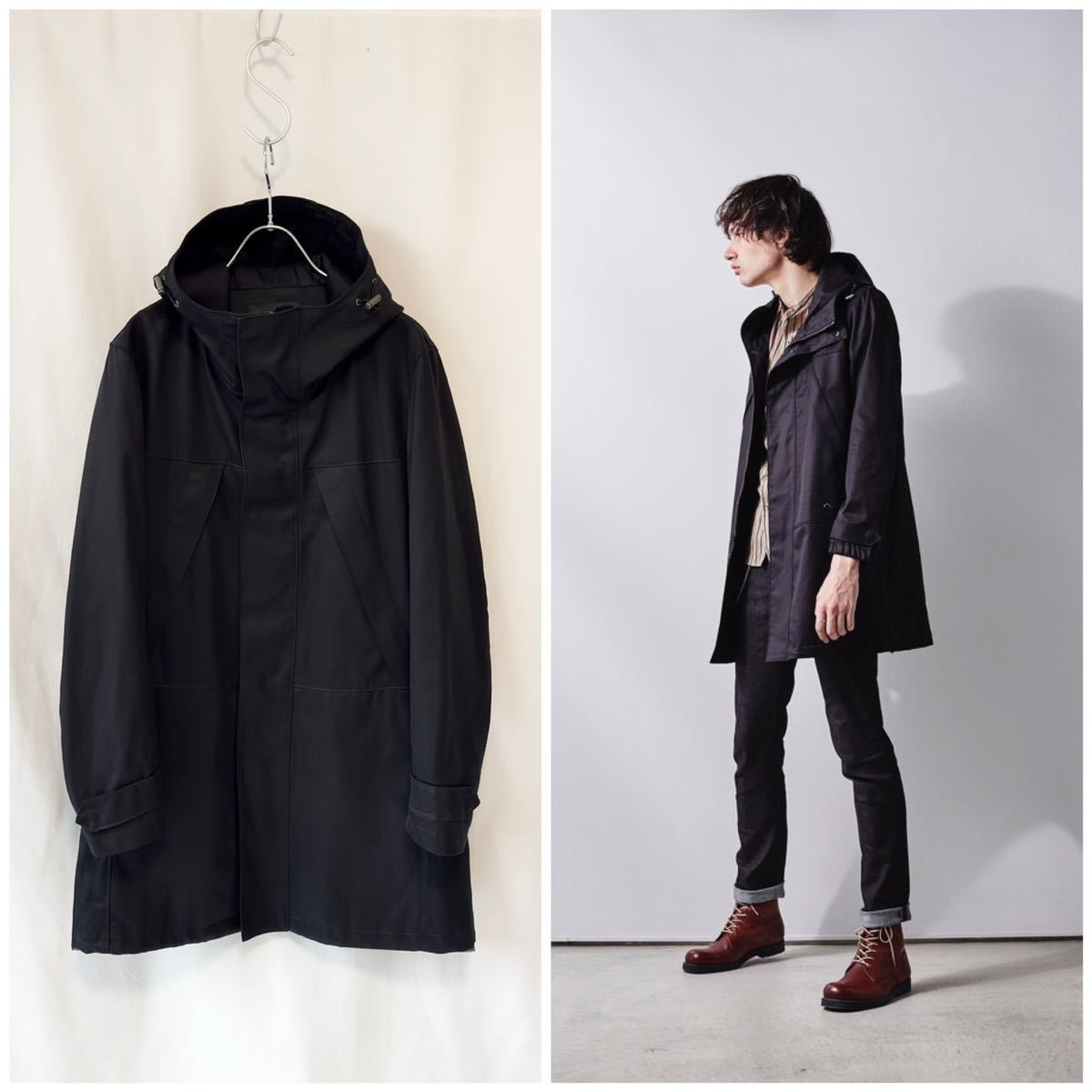 美品 18SS LOOK掲載 LOUNGE LIZARD SUPIMA BURBERRY HOODED COATラウンジリザード バーバリークロススーピマモッズコート 1 S ブラック_画像1