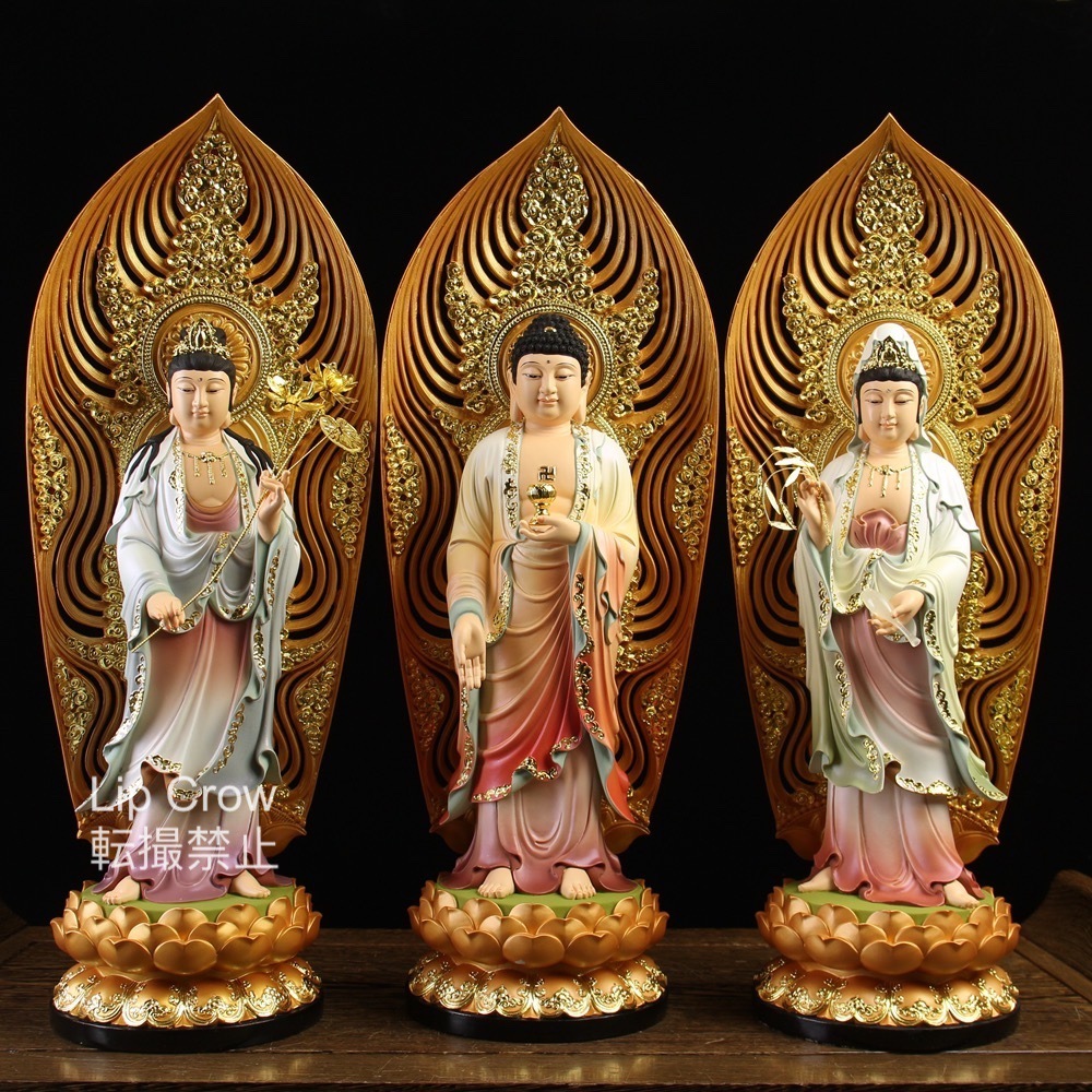 西方三聖立像 精密彫刻 仏教三聖工芸品 仏師で仕上げ品