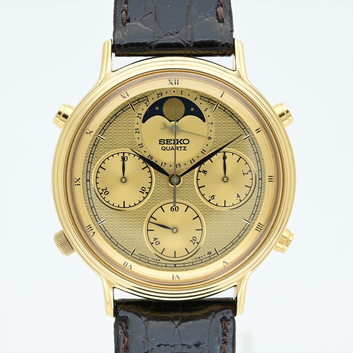 未使用 セイコー/ムーンフェイズ◆1984年製 世界初ラップ計測機能付クロノグラフ 7A48-702A ビンテージ クォーツ メンズ腕時計 ゴールド色