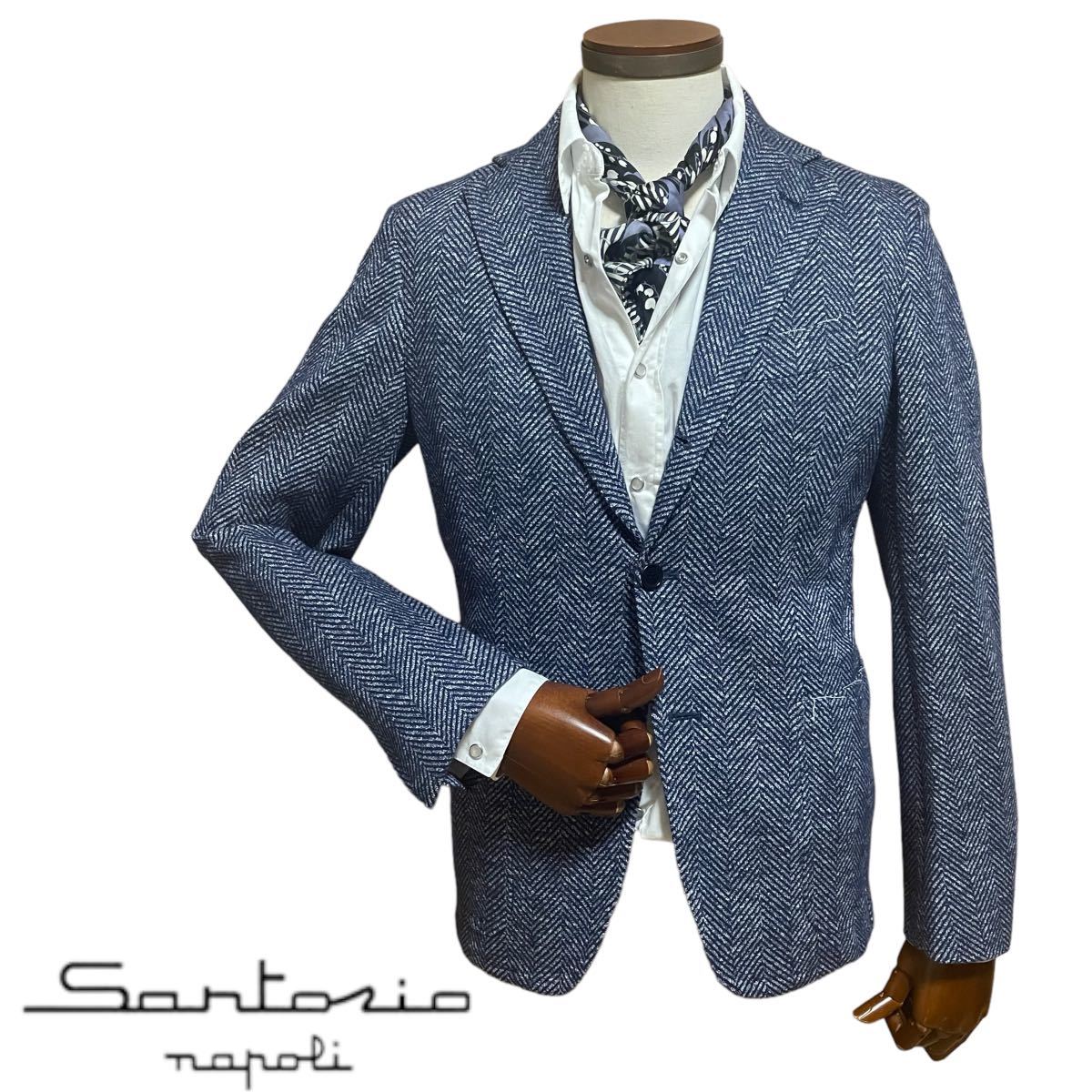 新品 定価150,700円 Sartorio / サルトリオ ヘリンボーン織りコットンウールジャケット size44 ブルー イタリア製_画像1