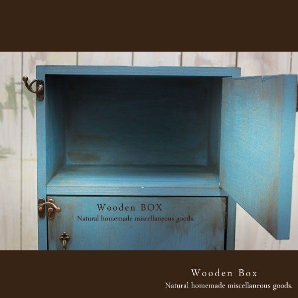 ハンドメイド  アンティーク加工  扉付き  ボックス  木製箱  ニーズブルー