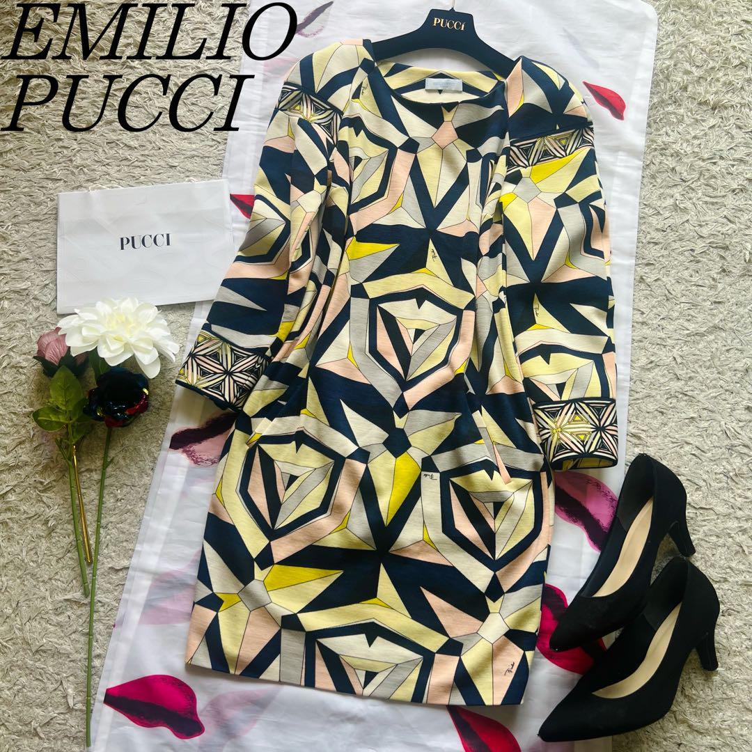 品質保証 総柄 長袖 膝丈ワンピース プッチ柄 PUCCI 【良品】EMILIO M