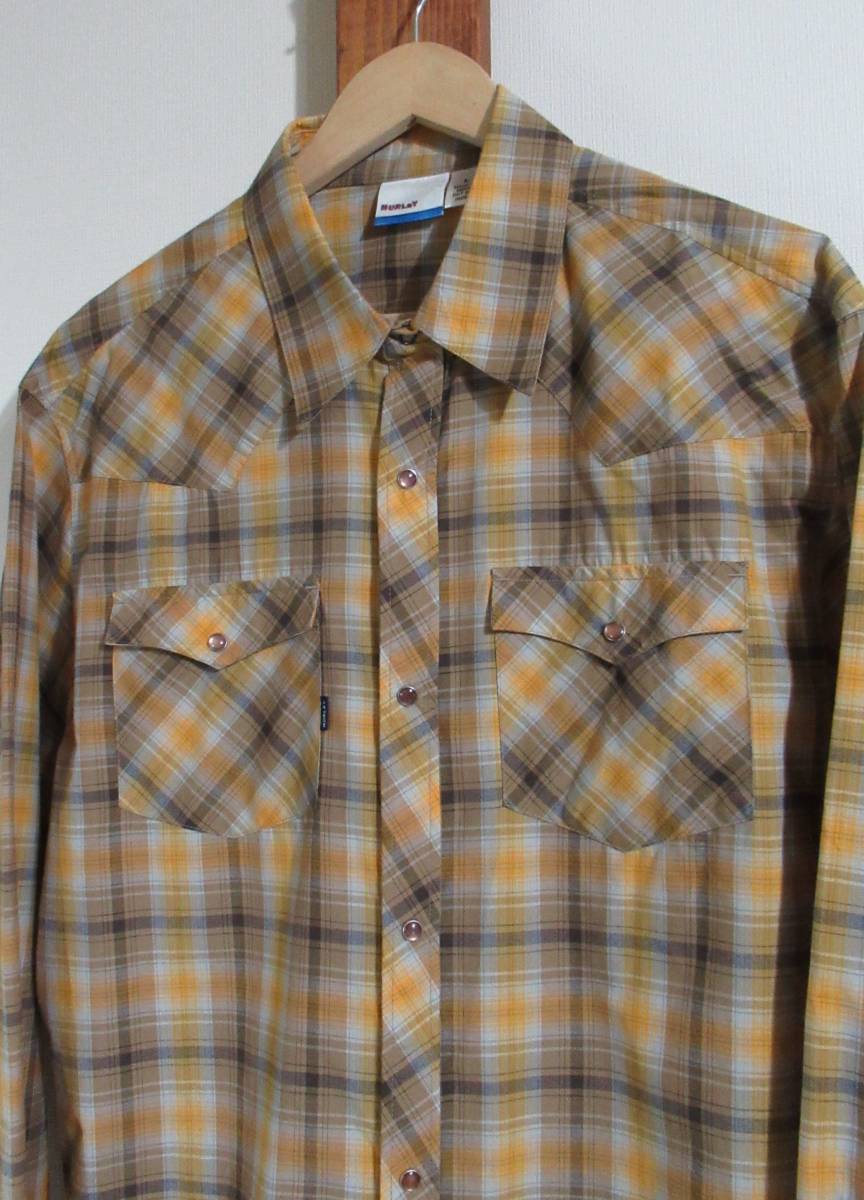 オールド 初期モデル★HURLEY/ハーレー▲シャツ ウエスタン ウエスタンシャツ チェック イエロー×芹系 サーフ スケート ストリート