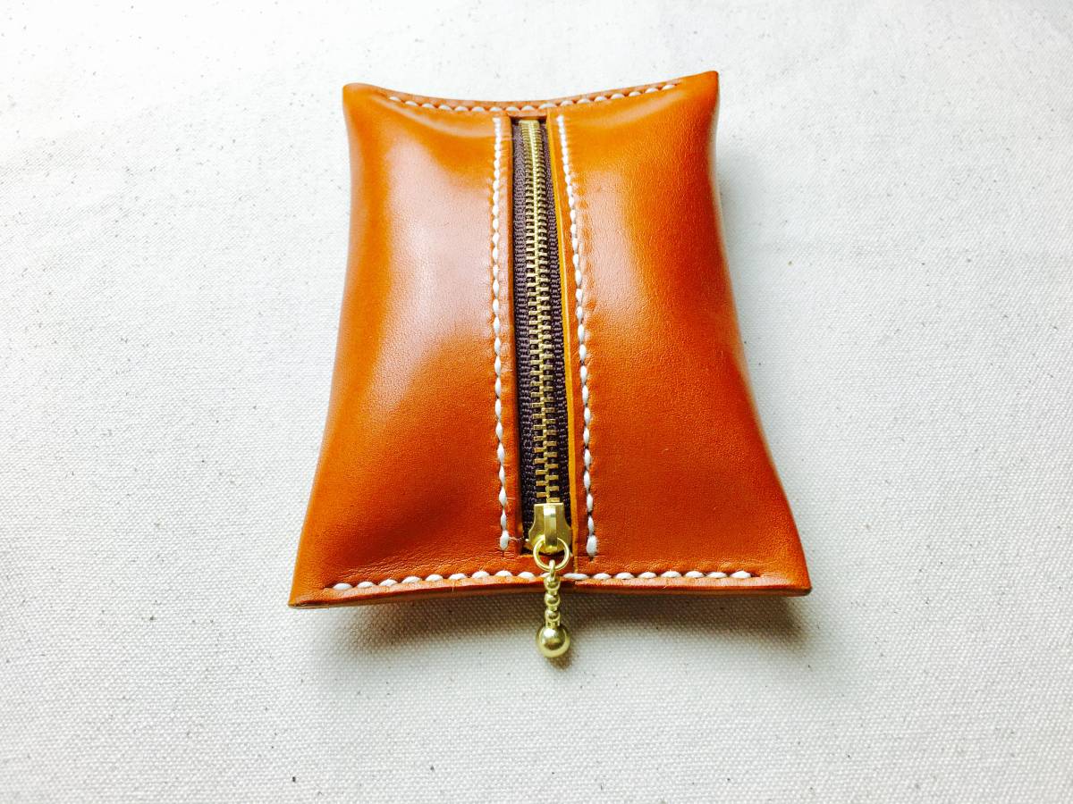 [ hand .] Camel color original leather pocket tissue case ( unbleached cloth flax thread )