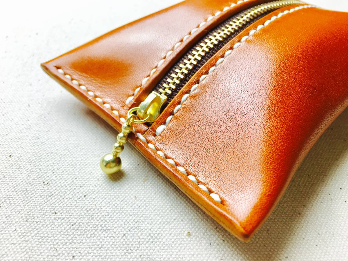 [ hand .] Camel color original leather pocket tissue case ( unbleached cloth flax thread )