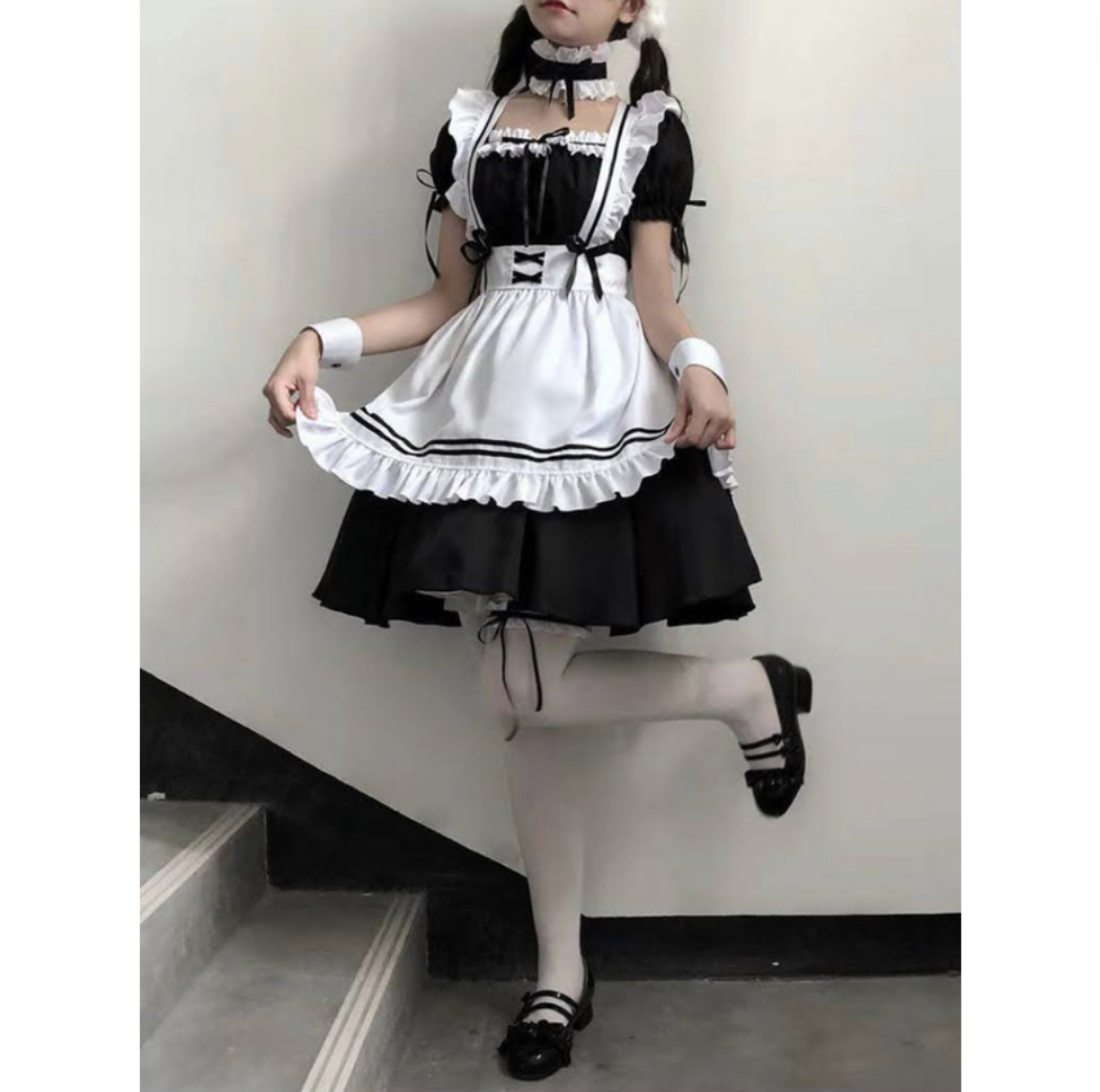 フルセット S メイド服 コスプレ ゴスロリ ハロウィン ロリ フリフリ フリル エロ可愛い ニーハイソックス コスチューム 白