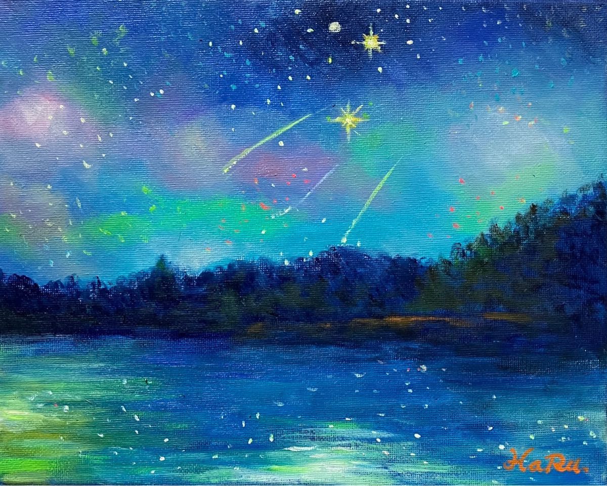 ☆ HaRu 夜景 星 1点物 真作 原画 絵画 油絵 ♪ F3