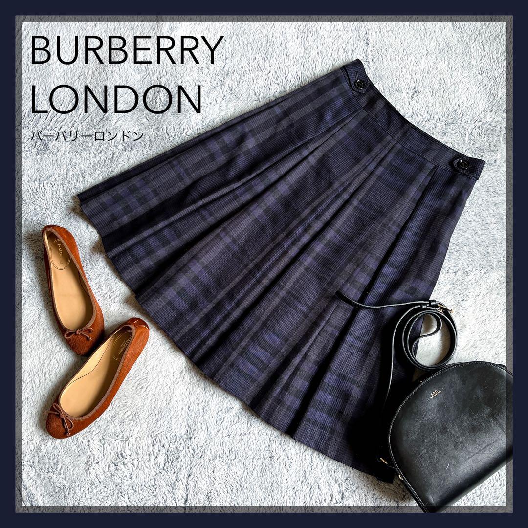 【BURBERRY LONDON】バーバリーロンドン シャドーチェック ノバチェック柄 ボックスプリーツ フレアスカート 36サイズ Sサイズ相当 濃紺_画像1