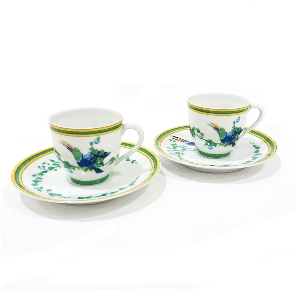 栄】エルメス ペア カップ&ソーサー デミタス トゥカン 陶器 南米 野鳥