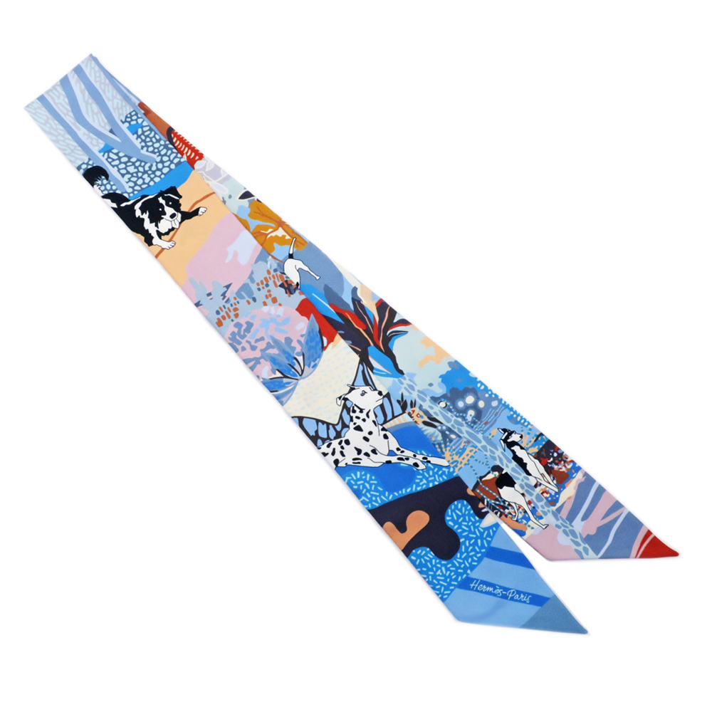 【名東】エルメス ツイリー EN LIBERTE 自由に ブルー系 シルク スカーフ 小物