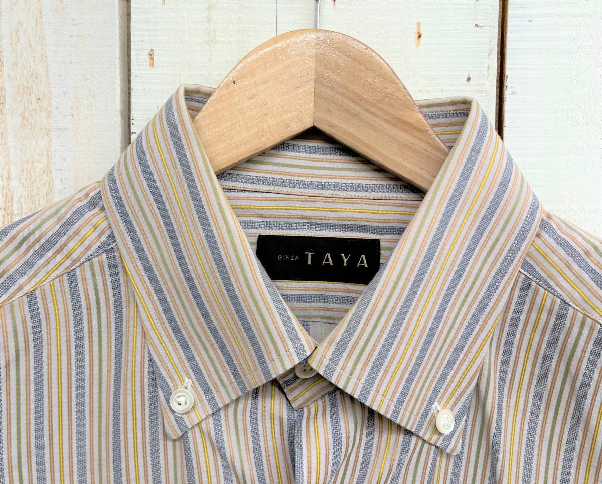 銀座 田屋 GINZA TAYA ＊ボタンダウン マルチストライプ シャツ ドレスシャツ ＊L size ブラウン グレー系 MADE IN JAPAN 日本製 高級 紳士_画像3