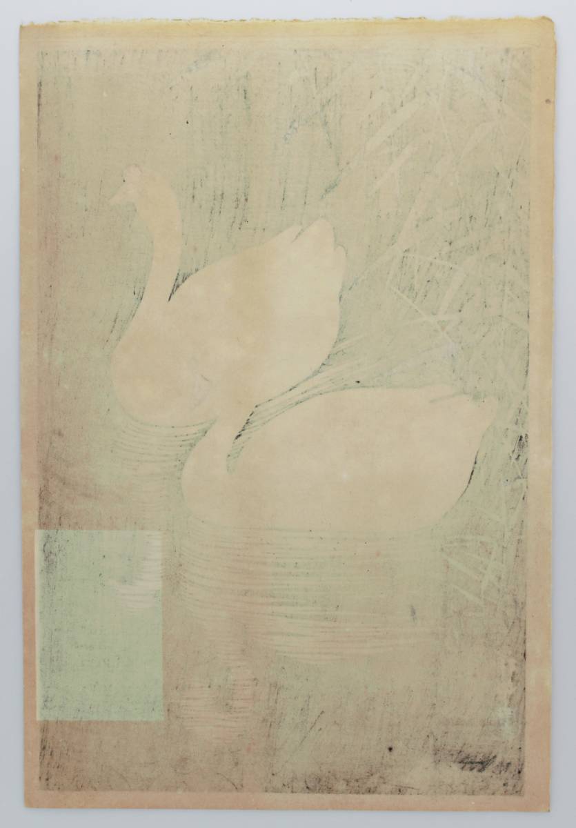 真作】希少 小原古邨(小原祥邨)木版画『芦に白鳥』大正末期 真作】希少 小原古邨(小原祥邨)木版画『芦に白鳥』大正末期