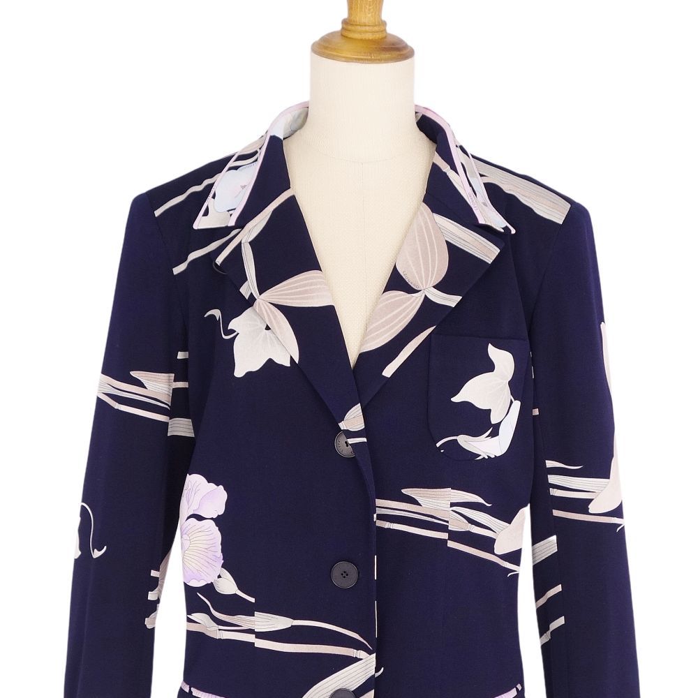 美品 レオナール LEONARD PARIS ジャケット テーラード 総柄 シルク100% ジャージー アウター レディース 38 ネイビー cg02mb-rm10e23211