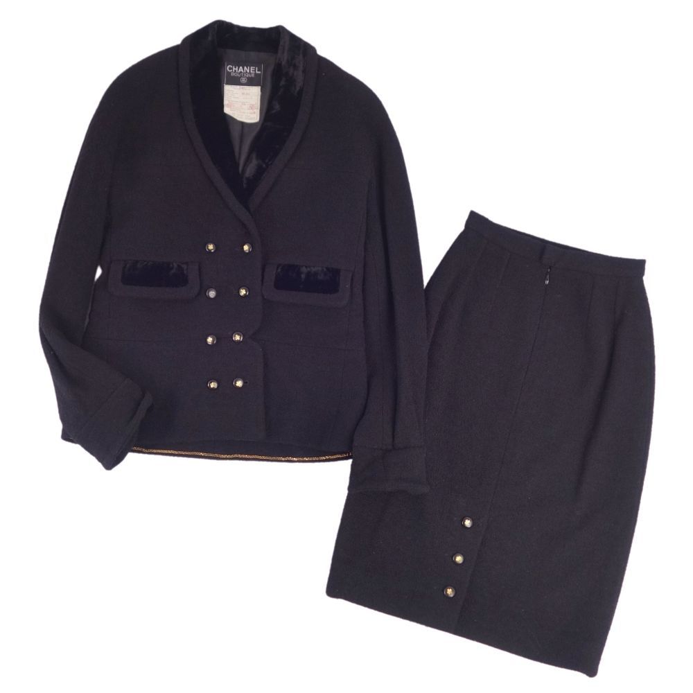 美品 Vintage シャネル CHANEL セットアップ スカートスーツ ウール クローバーボタン ジャケット スカート 34 ブラック cg03mt-rm10e23716