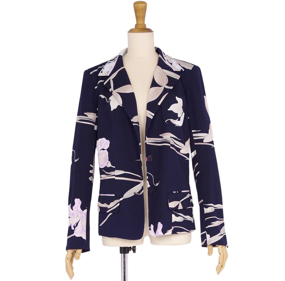 美品 レオナール LEONARD PARIS ジャケット テーラード 総柄 シルク100% ジャージー アウター レディース 38 ネイビー cg02mb-rm10e23211