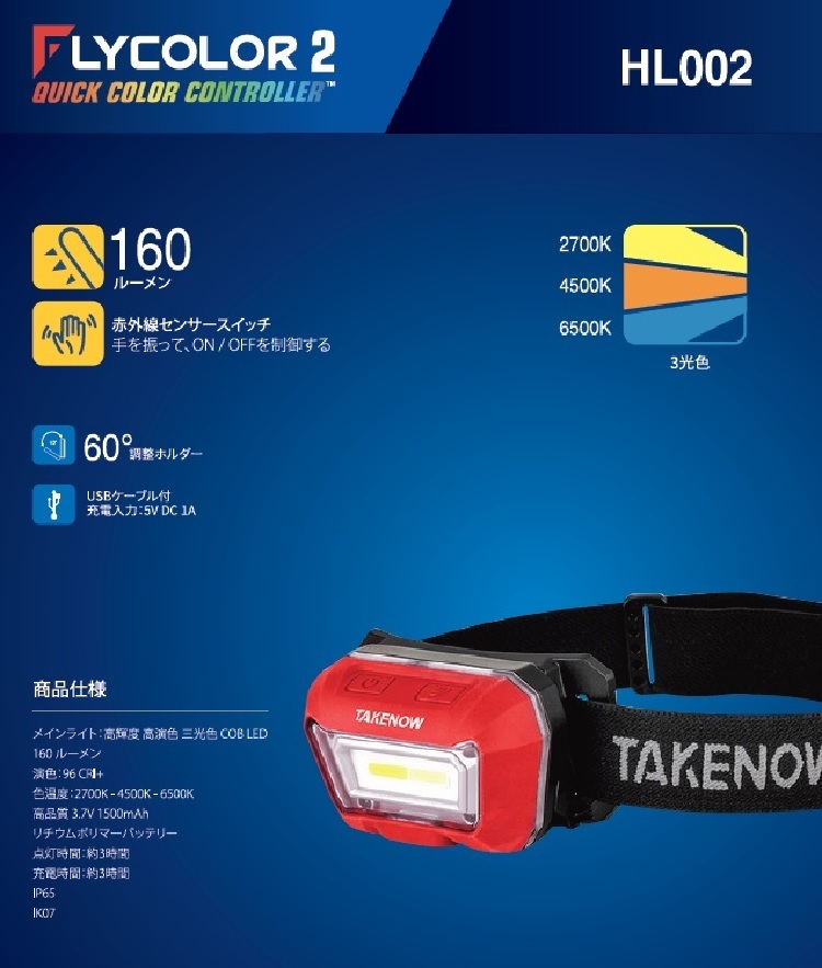 TAKENOW　HL002　 充電式LED　COLOUR MATCH HEAD LAMP　USBケーブル付_画像1