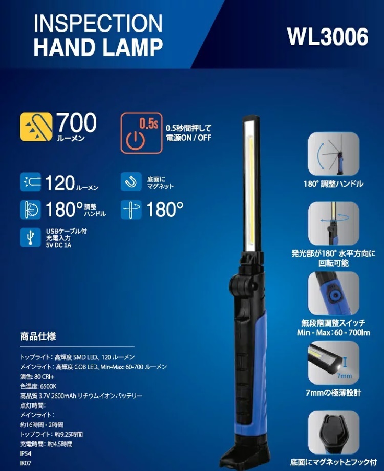 TAKENOW　WL3006　充電式LEDハンドランプ/INSPECTION HAND Lights_画像1