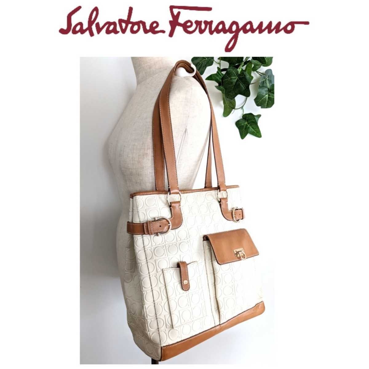 良品 Salvatore Ferragamo フェラガモ レザー トートバッグ ハンドバッグ ショルダーバッグ 鞄 キャメル ベージュ 白 レディース メンズ