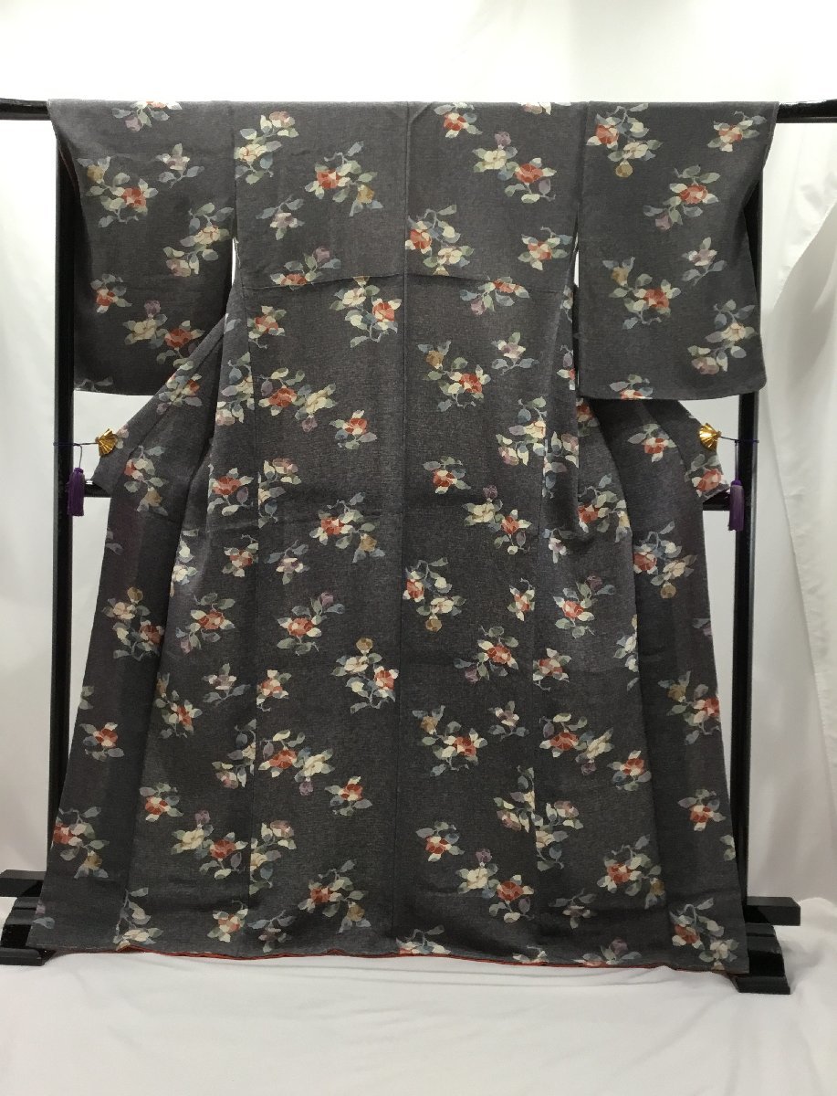 一番人気物 小紋/未使用品/正絹/グレー/美品/椿/仕立上がり/適応身長
