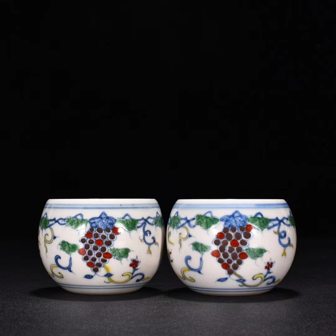 【25%OFF】 多寶屋】BU424□古陶器!明成化 唐物□高 闘彩の葡萄杯一対 紅胎 唐