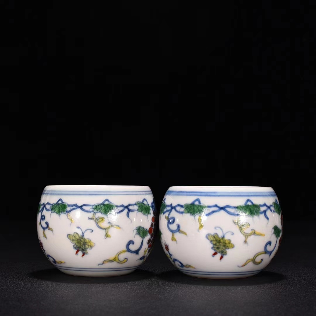 値引 多寶屋】BU424□古陶器!明成化 紅胎 唐物□高 闘彩の葡萄杯一対 唐