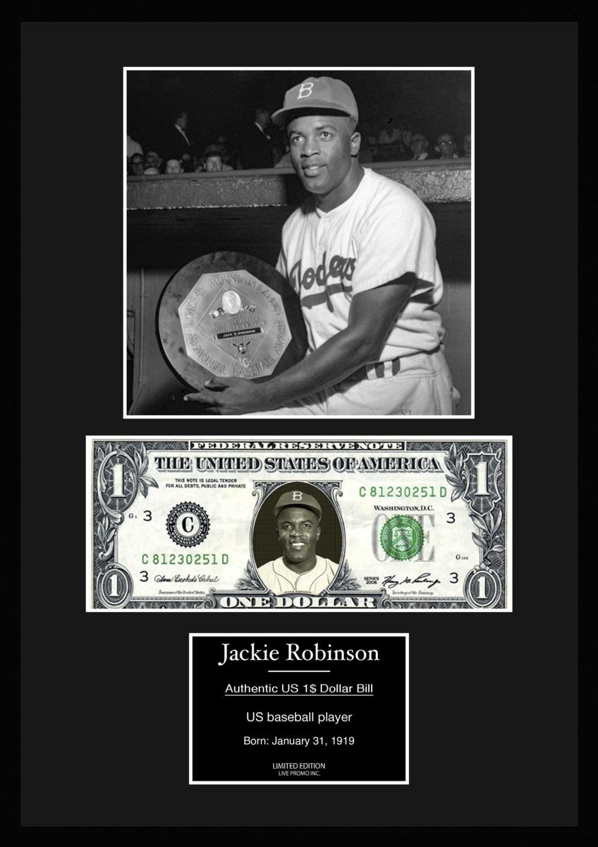 MLB!メジャーリーグ/プロ野球選手!【ジャッキー・ロビンソン/Jackie Robinson】写真本物USA1ドル札フレーム証明書付/モノクロ/7_画像1