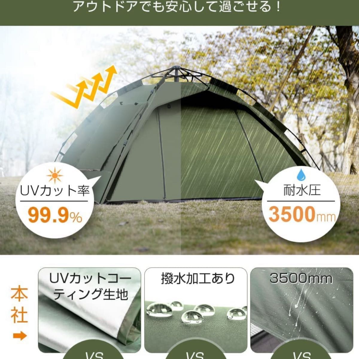 【第2世代 新登場】 テント ワンタッチ RAVAcoco ワンタッチ テント ２~4人用 耐水圧3500mm UVカット