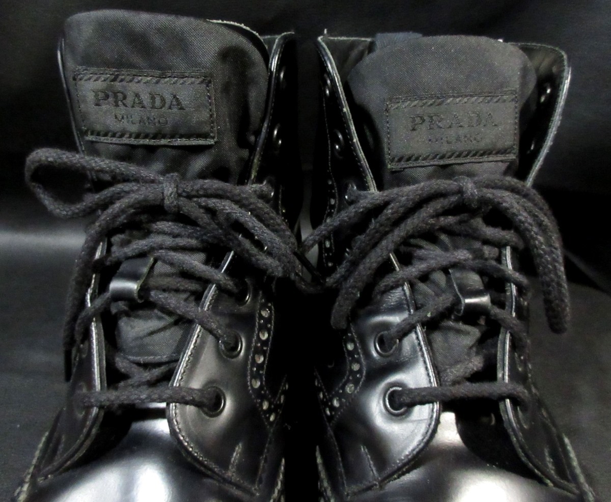 プラダ PRADA ウイングチップ 切り替えベロ付き レースアップ ブラックレザーブーツ メンズ ブラック 黒_画像5