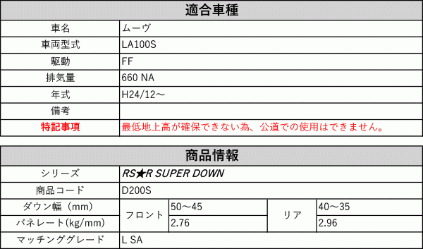 [RS-R_RS★R SUPER DOWN]LA100S ムーヴ_L SA(2WD_660 NA_H24/12～)用競技専用ダウンサス[D200S]_画像2