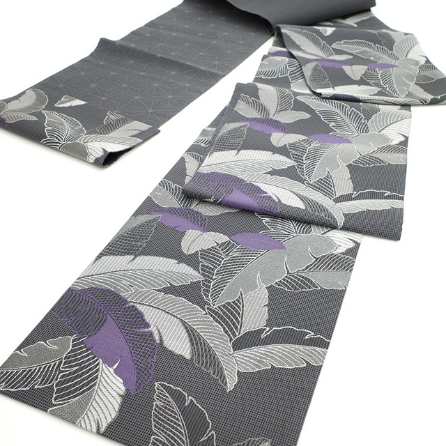 袋帯 上質 京都 西陣 グレー 紫 白 銀糸 芭蕉の葉 おしゃれなデザイン 正絹 絹 カジュアル 新古品 仕立て上がり みやがわ sb50887の画像3