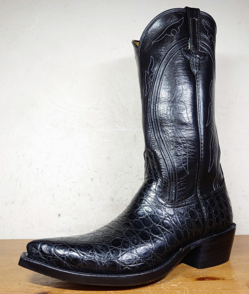 [.. put on footwear only / unused ]USA made li male ob Mercedes crocodile western boots 61/2D 24-24.5cm corresponding black pekos/lucchese luck ..