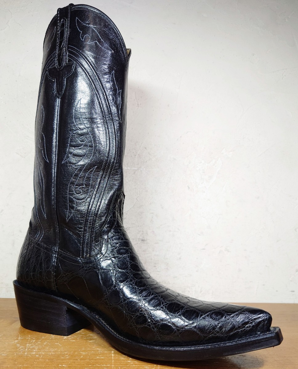 [.. put on footwear only / unused ]USA made li male ob Mercedes crocodile western boots 61/2D 24-24.5cm corresponding black pekos/lucchese luck ..