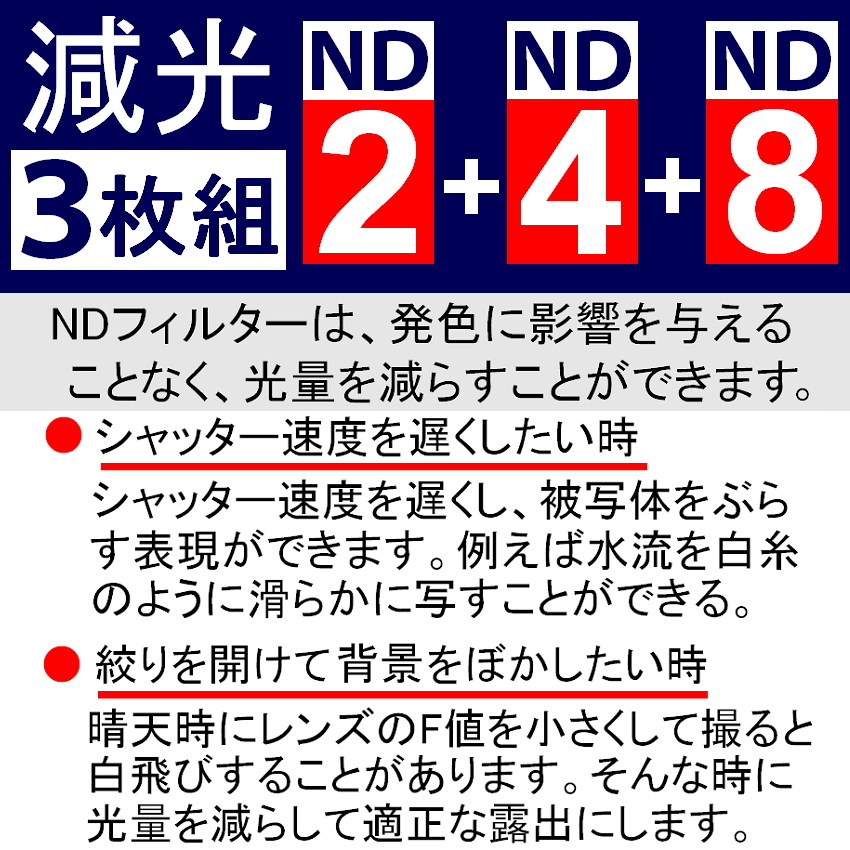 【 Φ72mm 】NDフィルター3種類セット ● No.2 No.4 No.8【 減光 スリム ポートレート 花火 光量 Wide 脹ND248 】_画像5