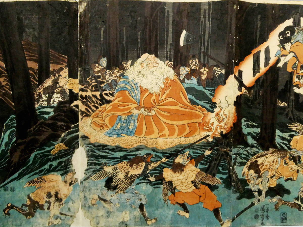歌川国芳◇江戸時代 木版浮世絵◇「源牛若丸僧正坊ニ随武術を覚図」3枚