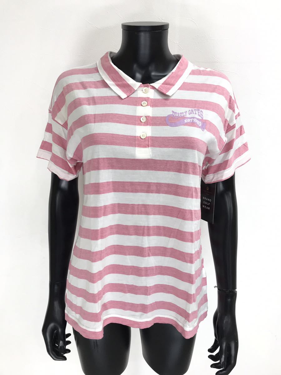 【USED】PEARLY GATES パーリーゲイツ 綿 半袖 ポロシャツ ボーダー ピンク ホワイト 白 レディース 1 M ゴルフウェア_画像1