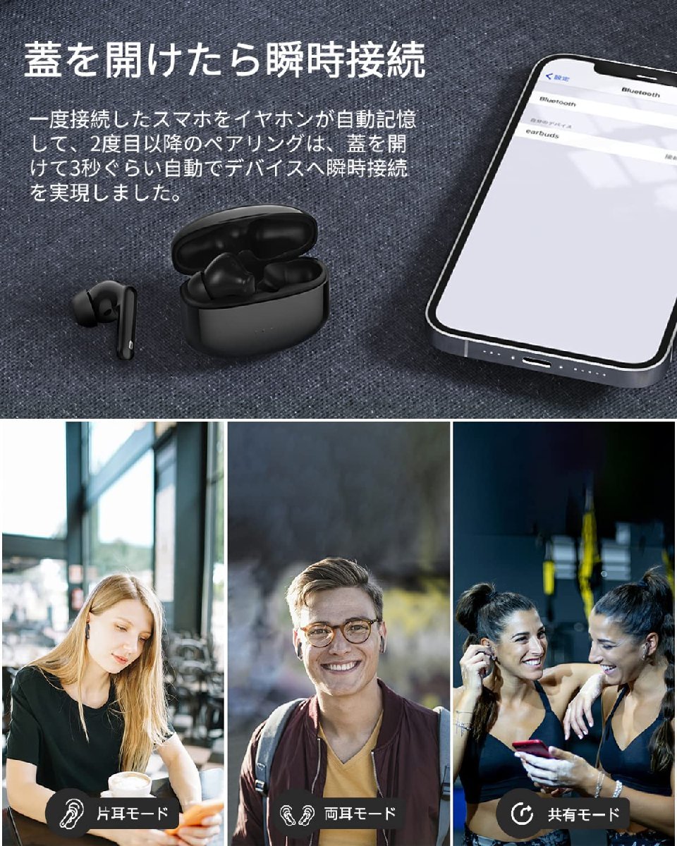 送料無料★Bluetooth ワイヤレスイヤホン自動ペアリング/瞬時接続 Type‐C急速充電 片耳/両耳 左右分離型の画像4