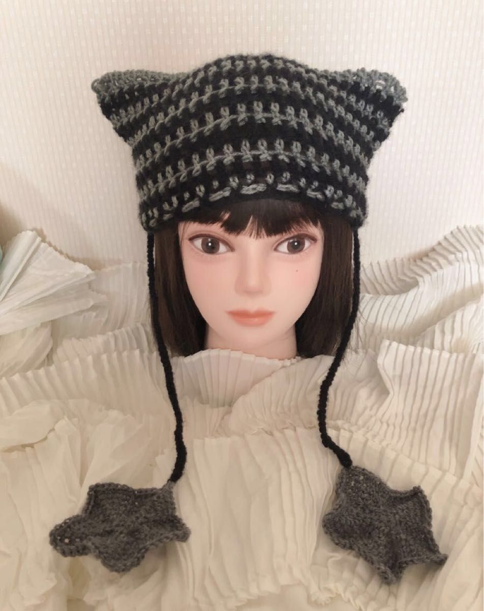 猫耳ニット帽 星付き グランジ Y2K 猫耳 キャットビーニー 猫耳ニット帽 星付き グランジ Y2K 猫耳 キャットビーニー