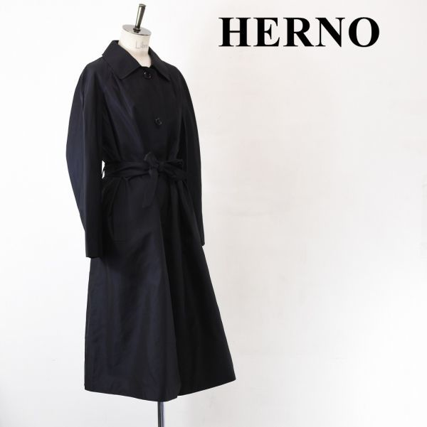 AL BE0008 高級 英国製 HERNO ヘルノ シルク100 レディース ロング トレンチ チェスターコート ジャケット 総柄 ブラック 光沢 44size