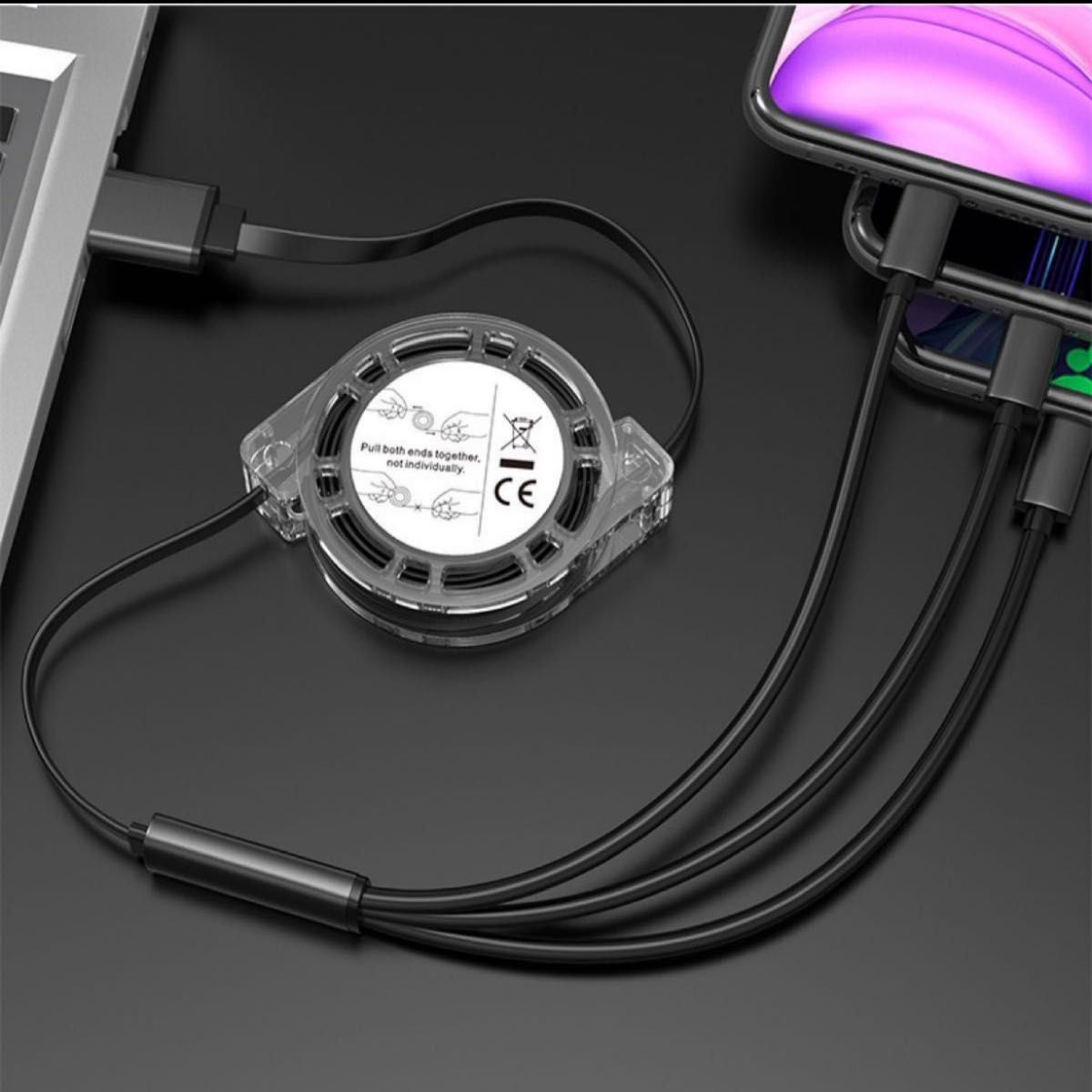 巻き取りケーブル 3in1 充電ケーブル急速充電USB ケーブル ライトニングケーブル長さ調整可能100cm