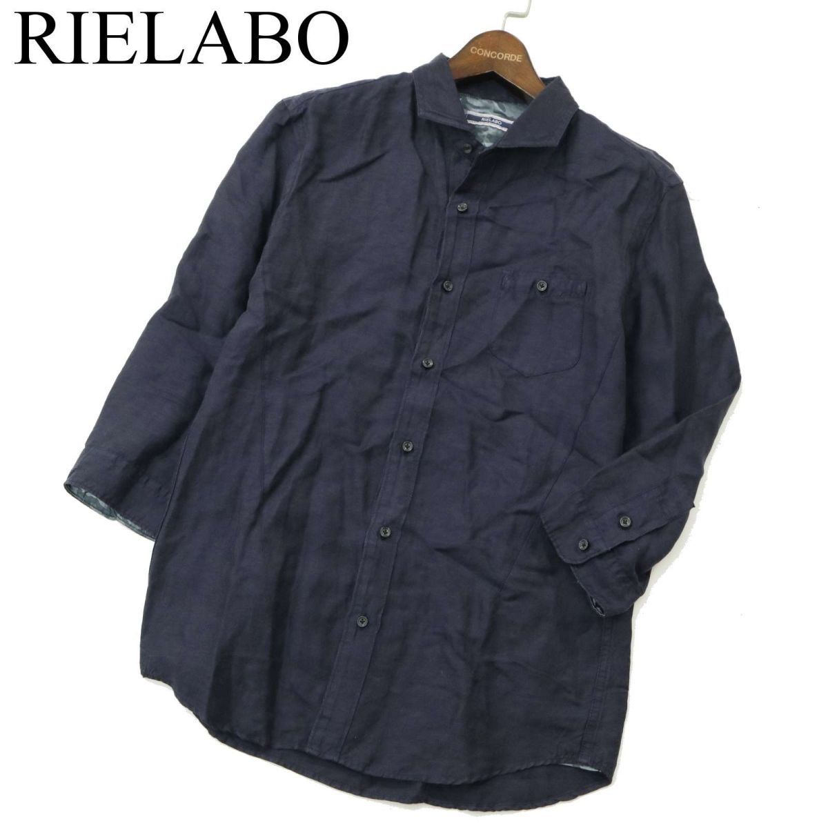 RIELABO リエラボ ニコルクラブ フォーメン 春夏 麻 リネン★ 7分袖 スリム シャツ Sz.48　メンズ ネイビー　A3T02655_3#A_画像1