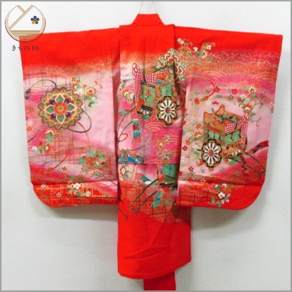 * кимоно 10* 1 иен шелк ребенок кимоно "Семь, пять, три" для девочки 3 лет для . место машина зеркало обратная сторона цветок Tang . Sakura . длина 77cm.41cm [ включение в покупку возможно ] **