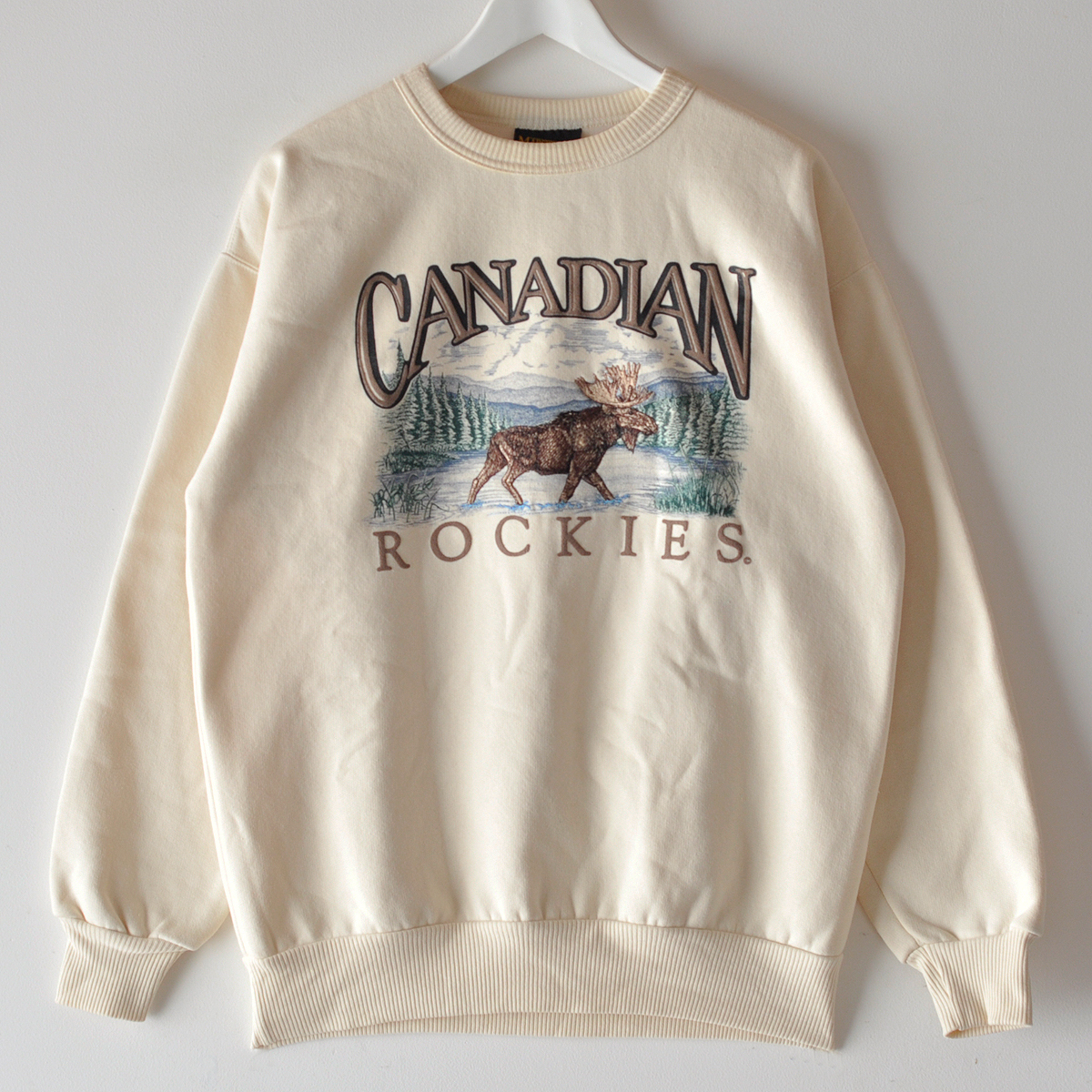 未使用 90s CANADIAN ROCKIES 刺繍 スウェット オフホワイト M カナダ製 動物柄 ヘラジカ スーベニア / ヴィンテージ 80s USA アメカジ_画像1