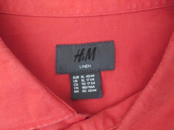 L2411【H&M/エイチ&エム】長袖シャツ/リネン/麻/XL/赤・レッド系/USEDの画像4