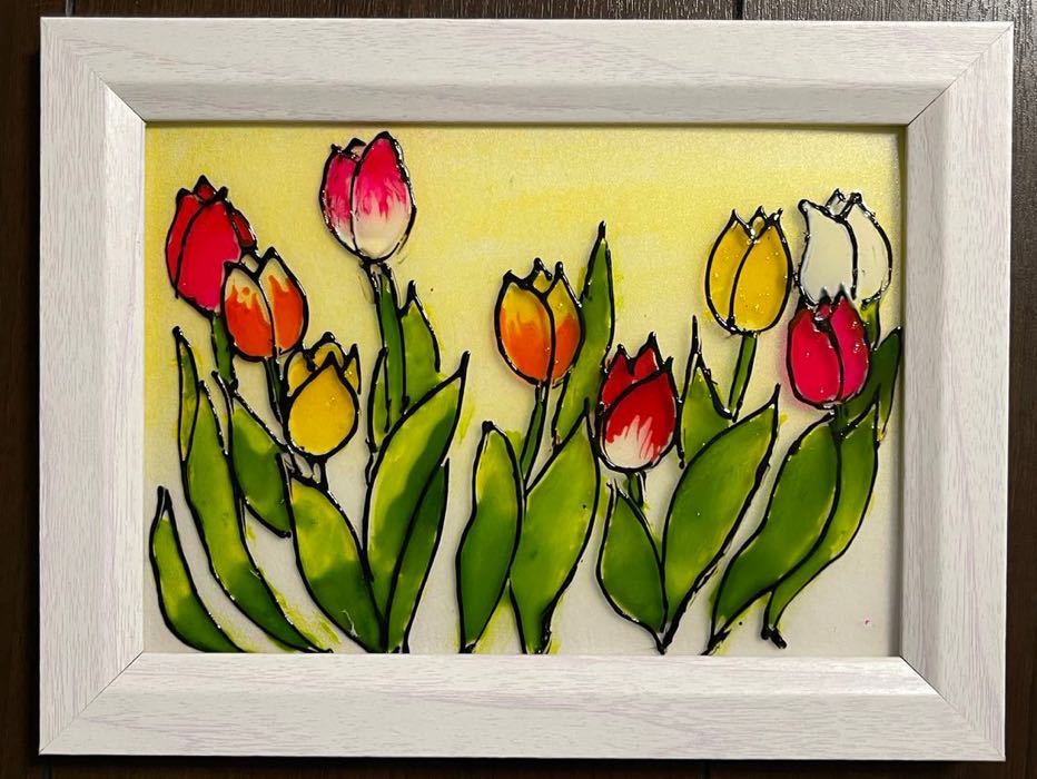  stained glass manner art glass . manner Acrylic plate made flower tulip flower field picture picture frame .. interior birthday present feng shui 