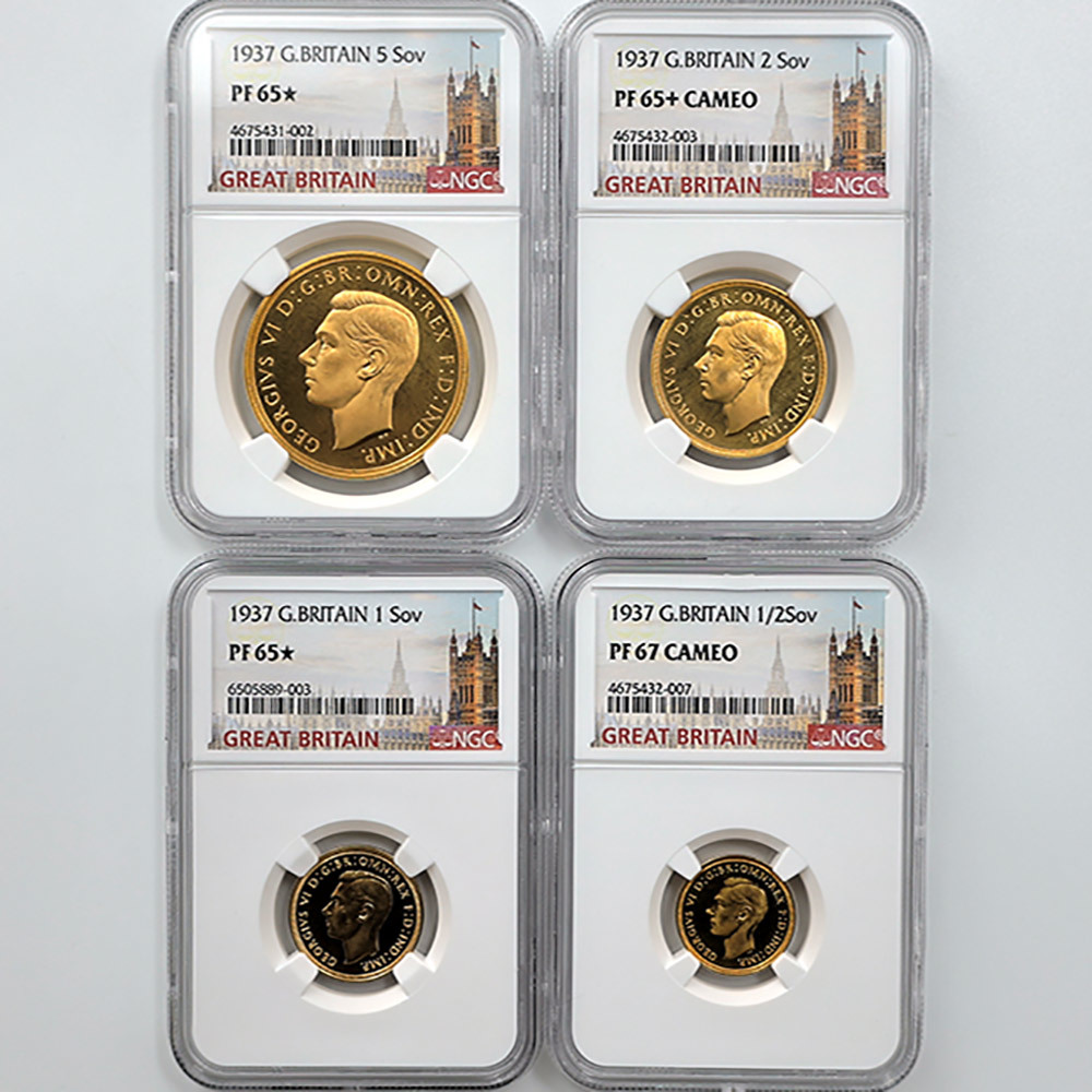 1937 英国 ジョージ6世 ソブリン金貨4種 フルセット NGC PF 65～67 未使用～完全未使用品 元箱付 イギリス 金貨