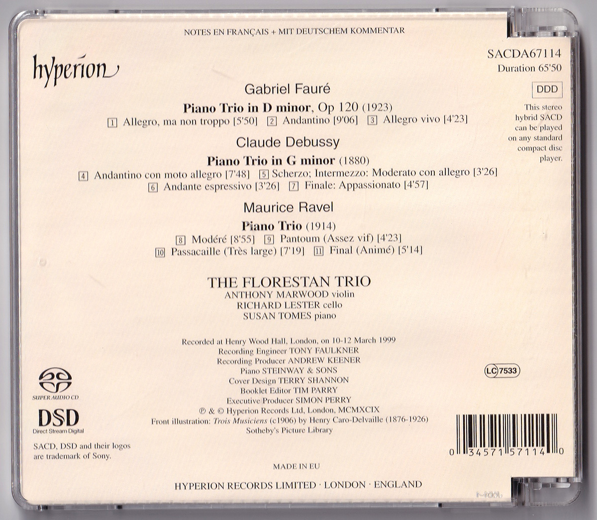 Hyperion SACDA67114 フロレスタン・トリオ、フランスのピアノ三重奏曲集 - フォーレ、ドビュッシー、ラヴェル SACD_画像2