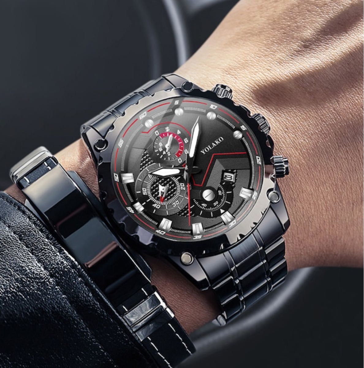 新品 クロノグラフ YOLAKO 腕時計メンズ ラグジュアリーステンレス 黒