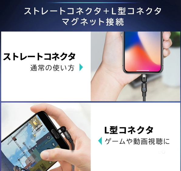 ★アップル 540度回転マグネット2mパープル iphone用 ライトニング 充電 ケーブル USBケーブル端子 磁石 磁気 防塵 ワンタッチ簡単接続_画像4