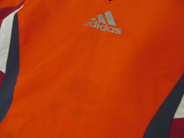 (52429)adidas　アディダス　サッカー　ピステ　プルオーバー　防寒　防風　裏起毛　オレンジ系　160㎝　USED_USED
